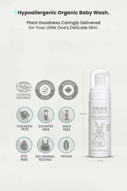Druide Biolove Organic Baby Wash Cleansing Mousse dispenser showing its dimensions of 180 mm height and 47 mm width, placed next to certification icons of ecocert certified cosmos organic, dermatologist tested, montreal, Canada made, paraben free, sulfates free, gmo free, dye free, no animal testing, and vegan.