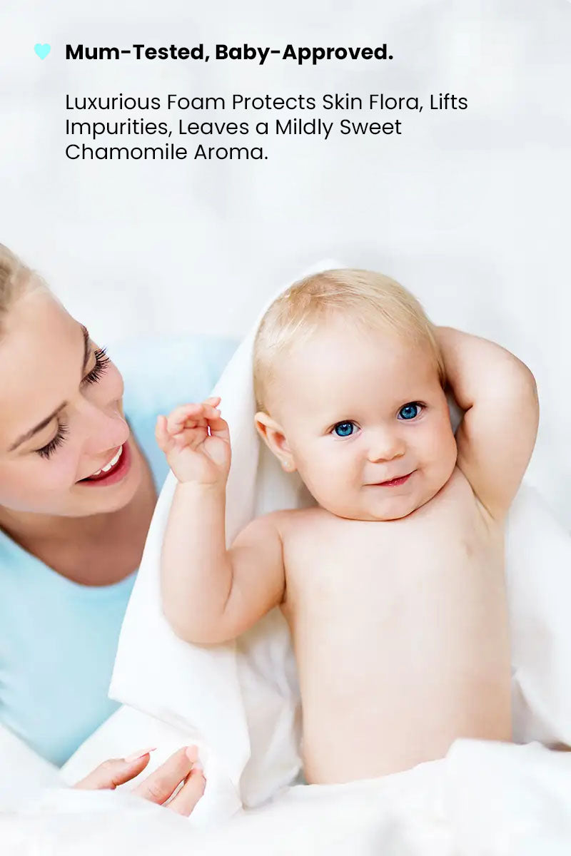 mum and baby after baby's bath, with text reading "mum tested, baby approved, luxurious foam protects skin flora, lifts impurities, leaves a mildly sweet chamomile aroma".