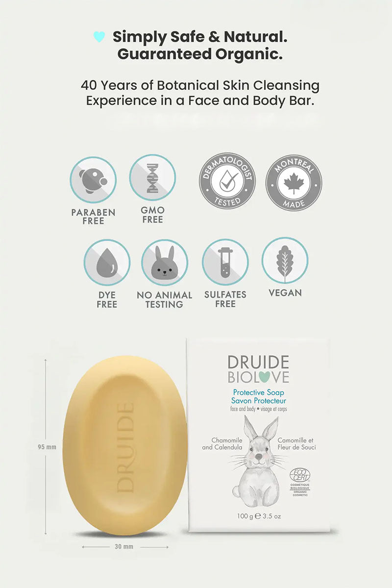 Druide Biolove Protective Soap Bar showing its dimensions of 95 mm height and 30 mm width, placed next to certification icons of ecocert certified cosmos organic, dermatologist tested, montreal, Canada made, paraben free, sulfates free, gmo free, dye free, no animal testing, and vegan.
