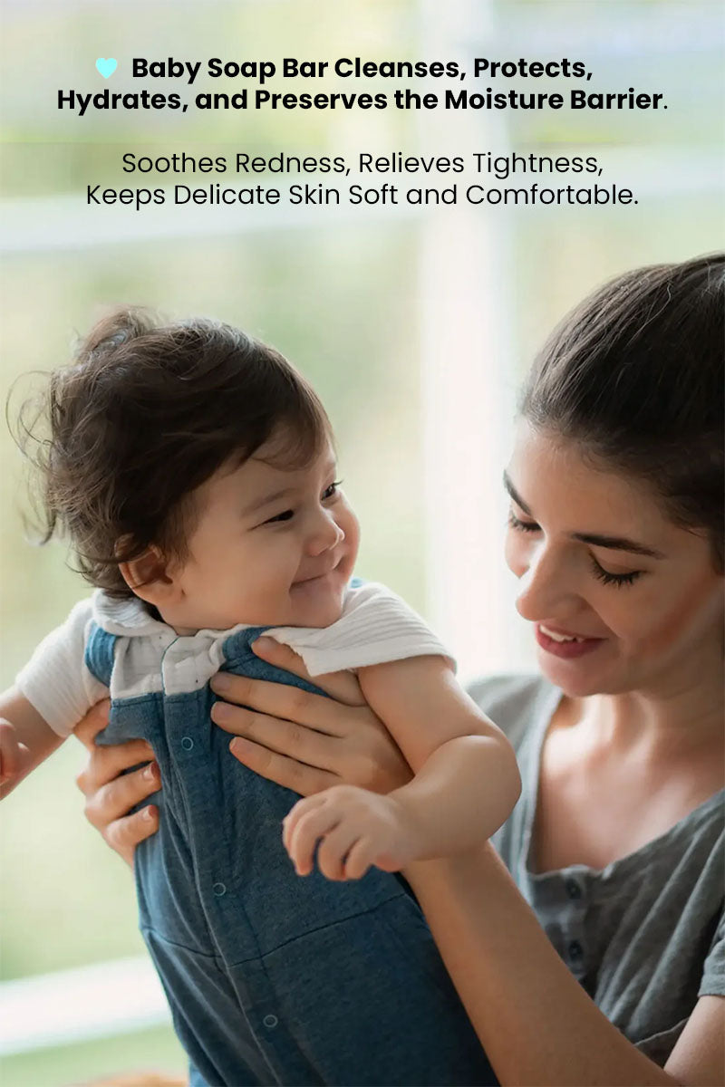 mum and happy baby girl with text reading "baby soap bar soothes redness relieves tightness keeps delicate skin soft and comfortable".