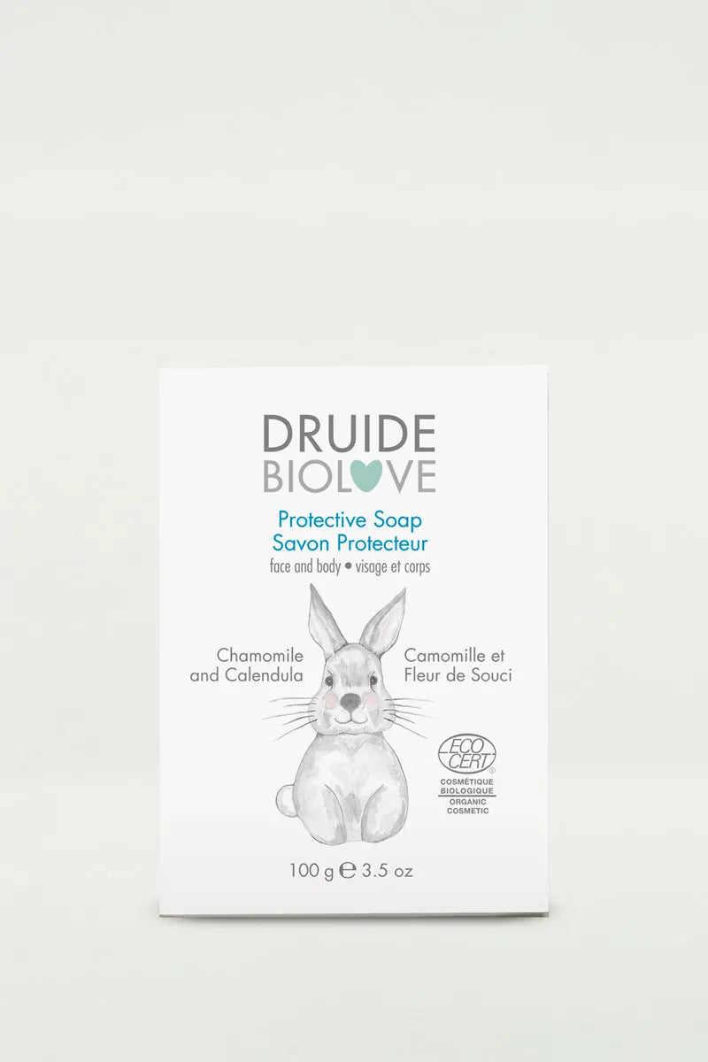 Druide Biolove Protective Soap Bar (100 grams) for sensitive skin, ideal for babies and moms in its box showing Ecocert certified Cosmos Organic icon, placed against a clear background.