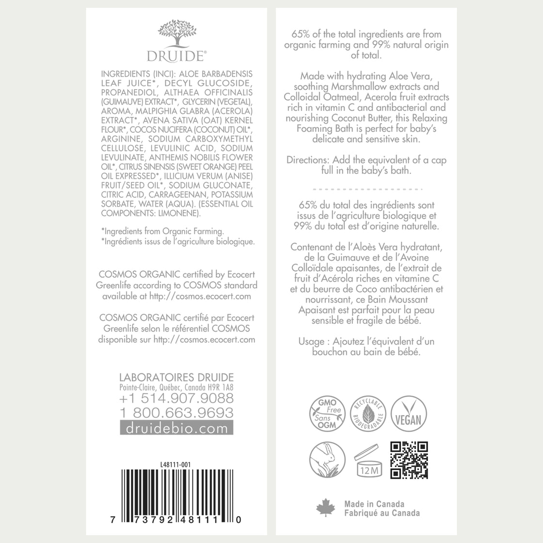 Druide Biolove Relaxing Foaming Baby Bubble Bath dispenser label displaying product benefits, ingredients, certifications such as Ecocert Organic and Canada origin.