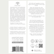 Druide Biolove Relaxing Foaming Baby Bubble Bath dispenser label displaying product benefits, ingredients, certifications such as Ecocert Organic and Canada origin.