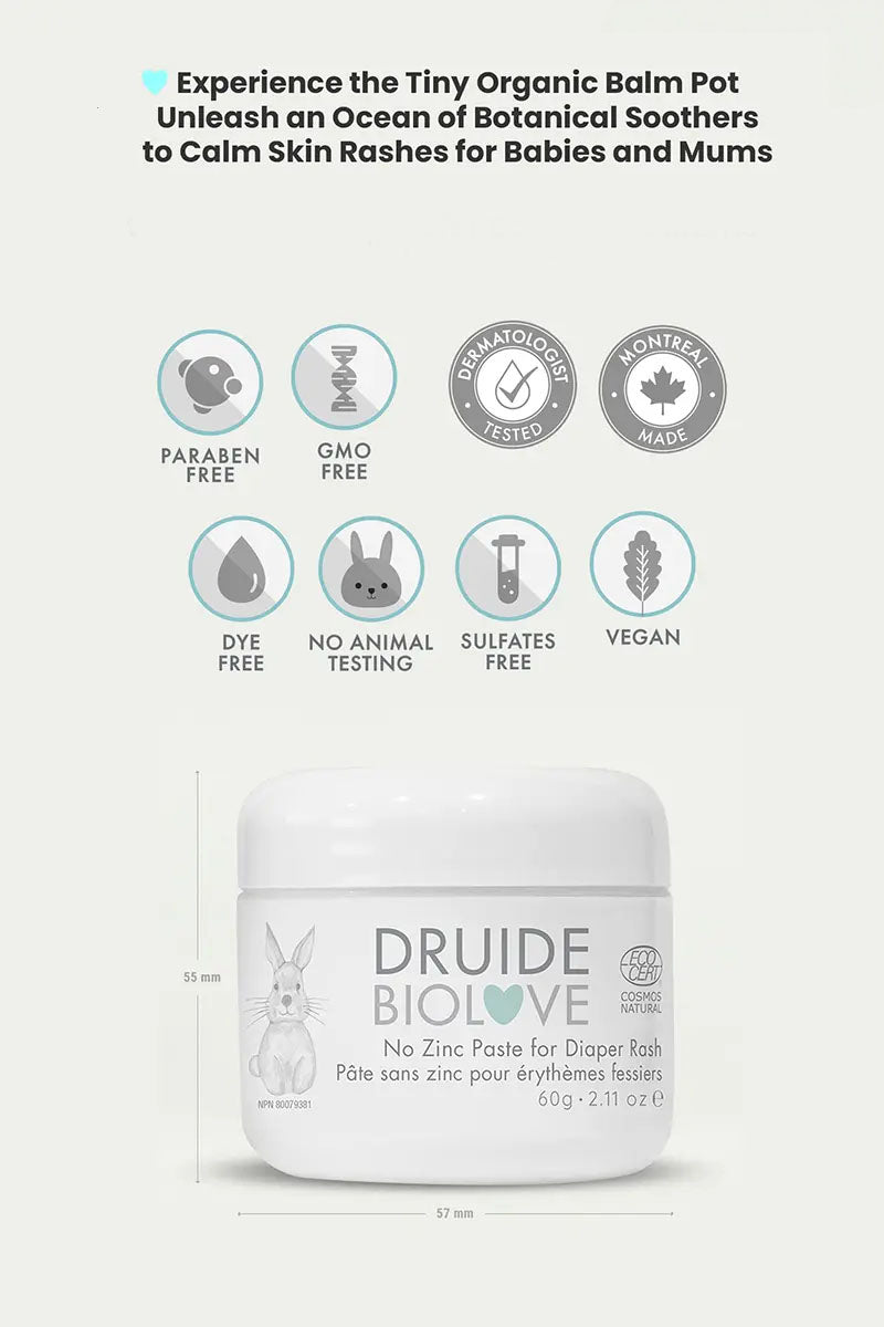 Druide Biolove organic baby balm tub showing its dimensions of 55 mm height and 57 mm width, placed next to certification icons of ecocert certified cosmos organic, dermatologist tested, montreal, Canada made, paraben free, sulfates free, gmo free, dye free, no animal testing, and vegan.