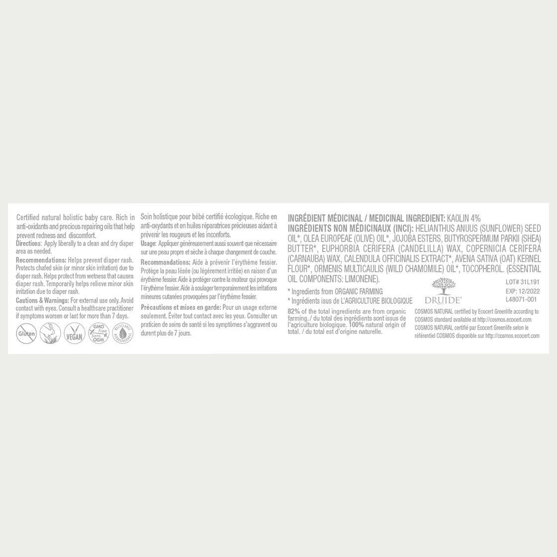 Druide Biolove Organic Baby Balm packaging label with product benefits, ingredients, certifications, and canadian origin.