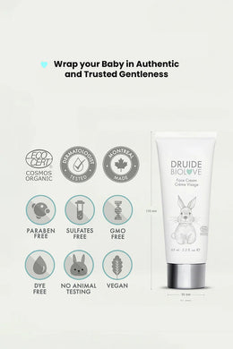 Druide Biolove organic baby face cream dispenser showing its dimensions of 130 mm height and 30 mm width, placed next to certification icons of ecocert certified cosmos organic, dermatologist tested, montreal, Canada made, paraben free, sulfates free, gmo free, dye free, no animal testing, and vegan.
