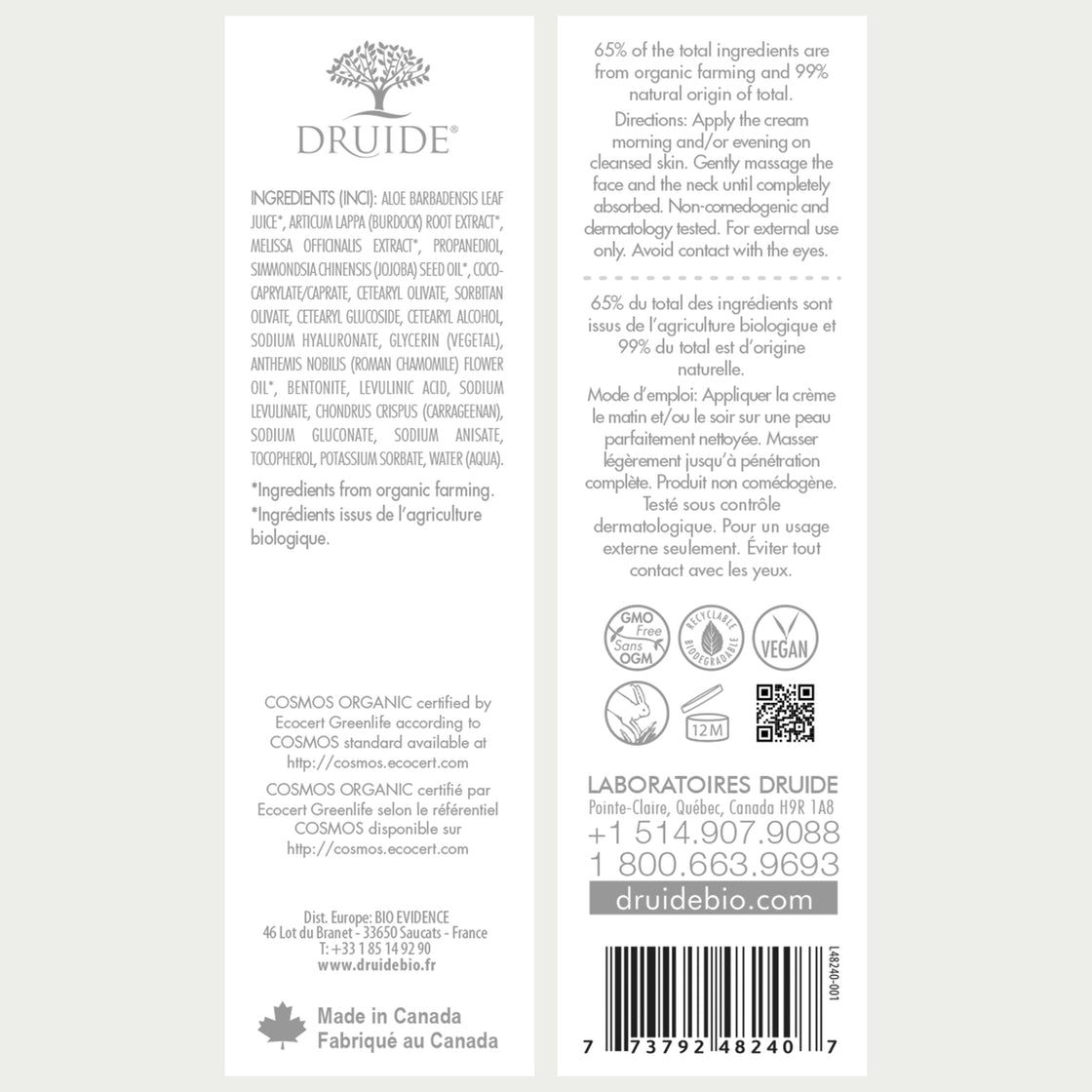 Druide Biolove Organic baby face cream label displaying product benefits, ingredients, certifications such as Ecocert Organic and Canada origin.