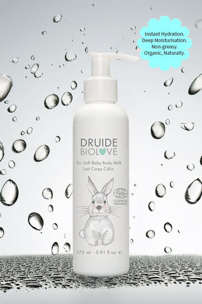 Druide Biolove organic baby moisturiser against background if water beads with text "instant hydration, deep moisturisation, non greasy, organic, naturally".