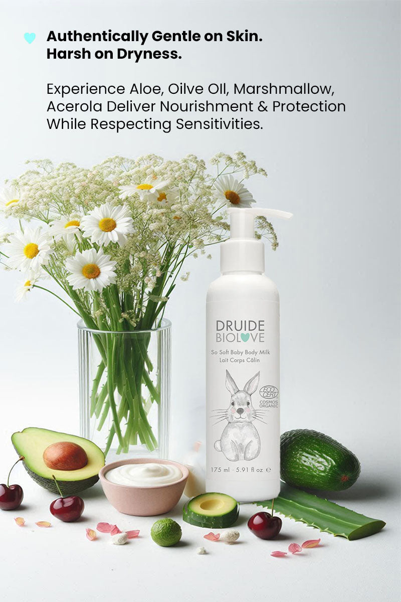 Druide Biolove organic baby moisturiser 
shown with natural ingredients including chamomile flowers, aloe vera, avocado, and acerola cherries, with text "authentically gentle on skin, harsh on dryness, experience these ingredients to deliver nourishment and protection while respecting sensitivities".