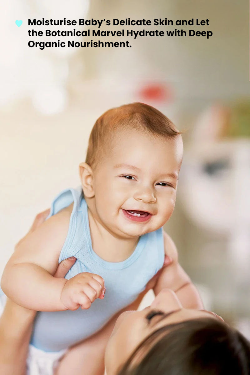 Laughing baby held up in arms of a mom, with text reading "moisturise baby's delicate skin and let the botanical marvel hydrate with deep organic nourishment".