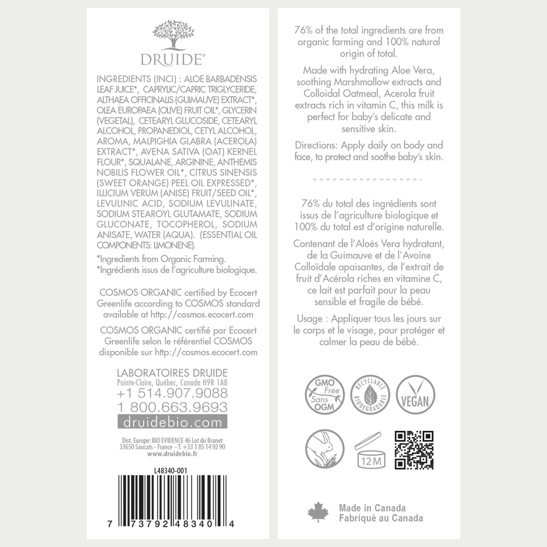 Druide Biolove organic baby moisturiser 
label displaying product benefits, ingredients, certifications such as Ecocert Organic and Canada origin.
