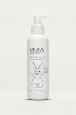 Druide Biolove organic baby moisturiser 
(175 ml) dispenser displaying Ecocert-certified cosmos organic mark shown with a clear background.