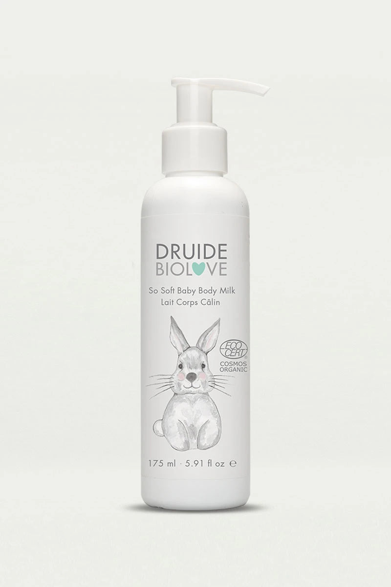 Druide Biolove organic baby moisturiser 
(175 ml) dispenser displaying Ecocert-certified cosmos organic mark shown with a clear background.