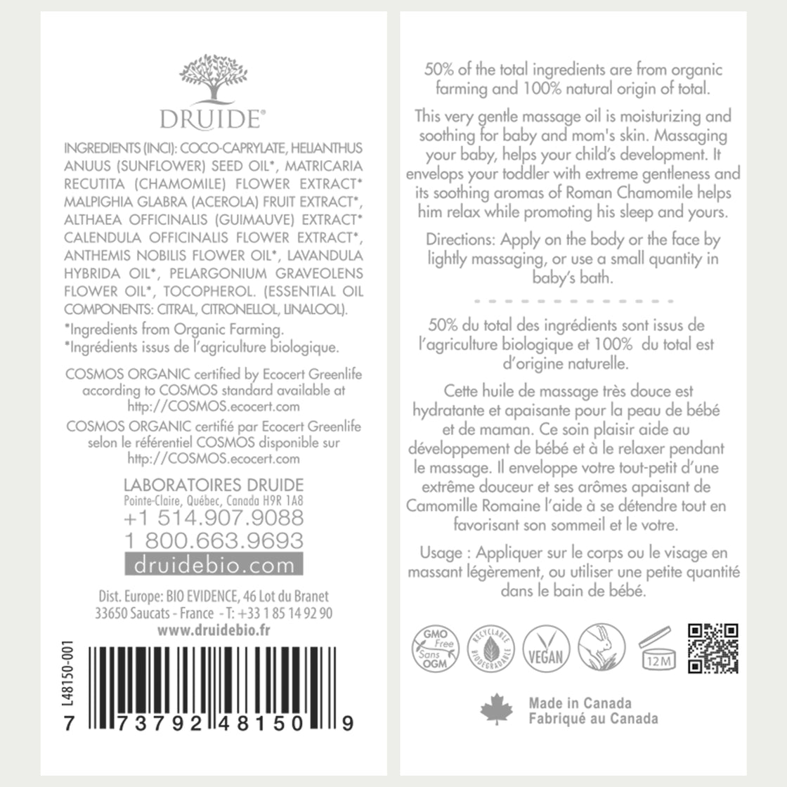 Druide Biolove organic massage oil 
packaging label with product benefits, ingredients, certifications, and Canadian origin.