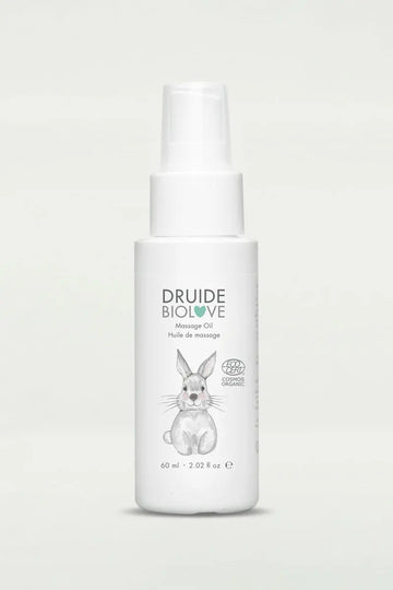 Druide Biolove organic massage oil dispenser of 60 ml with Ecocert certified COSMOS Organic icon, displayed on a clear background.