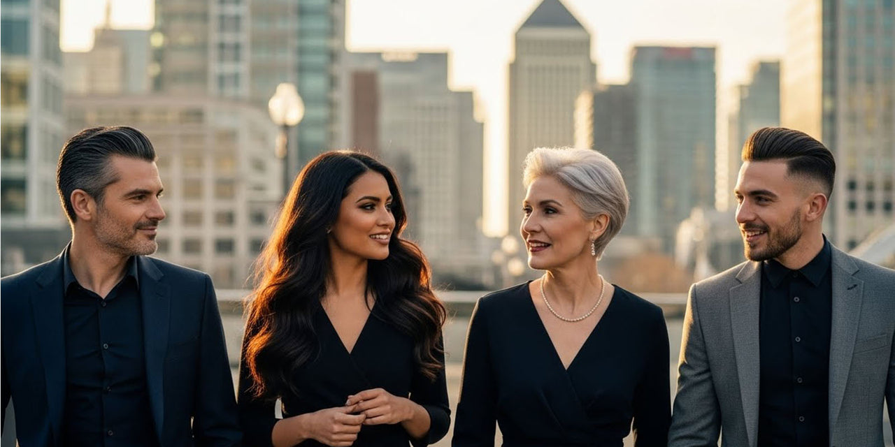 Two men and two women with varied hair types talking to each other in Canary Wharf, London.