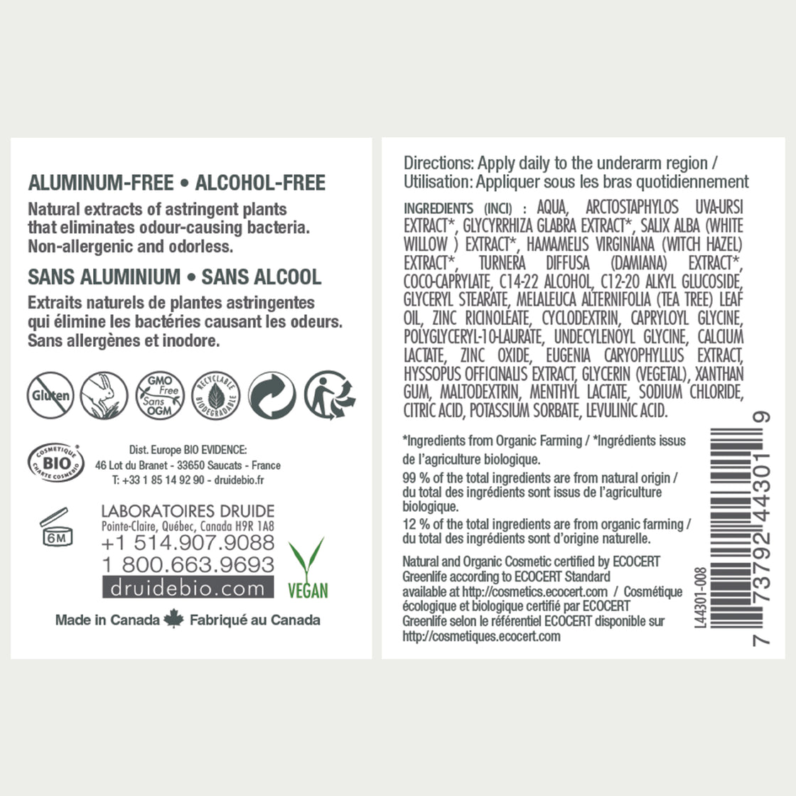Druide Pur and Pure Natural Deodorant label with ingredients, certifications, directions for use and canadian origin.