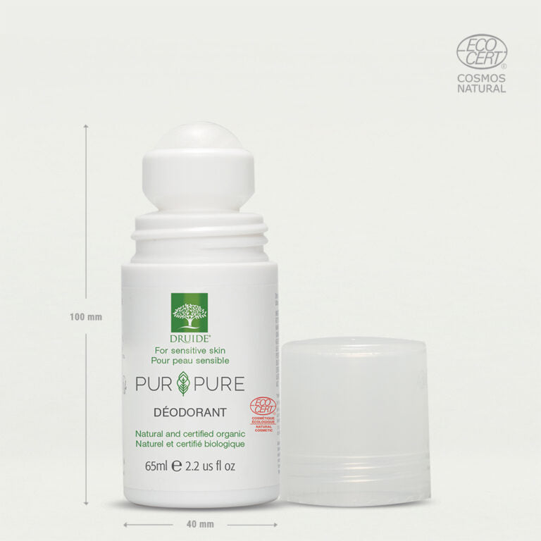 Druide Pur and Pure Natural Deodorant roll on dispenser showing it dimensions of 100 mm height and 40 mm width.