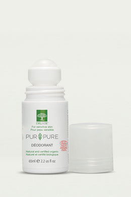 Druide Pur and Pure Natural Deodorant in its 65 ml, 2.2 US fl. oz roll-on dispenser, with Ecocert certified organic icon on its label, on a clear background.