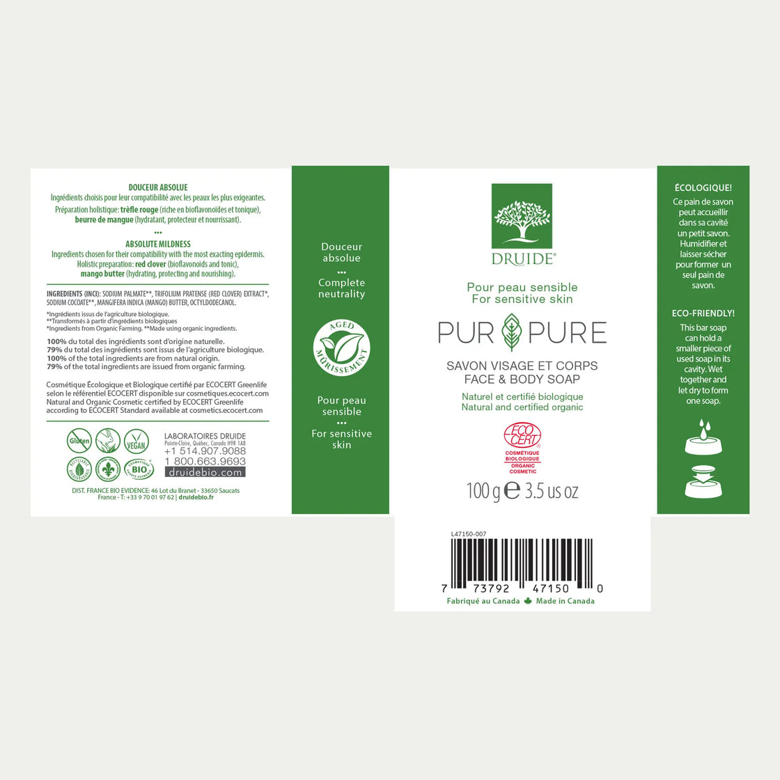 Druide Pur and Pure natural soap bar   
for Face & Body packaging label showing ingredients, certifications, and canadian origin.
