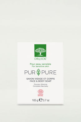 Box of Druide Pur and Pure natural soap bar for Face & Body showing weight of 105 g, 3.7 oz. and Ecocert cosmos natural certification.