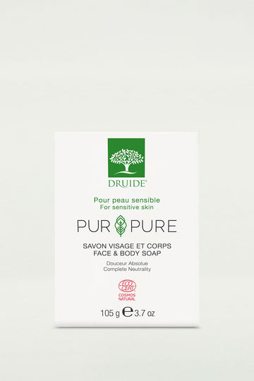 Box of Druide Pur and Pure natural soap bar for Face & Body showing weight of 105 g, 3.7 oz. and Ecocert cosmos natural certification.