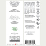 Druide Pur and Pure Organic Face and  Body Lotion dispenser label showing  product ingredients, certifications, directions for use and Canadian origin.