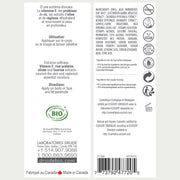 Druide Pur and Pure Organic Face and  Body Lotion dispenser label showing  product ingredients, certifications, directions for use and Canadian origin.