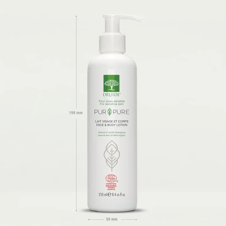 Druide Pur and Pure Organic Face and  Body white pump dispenser with dimensions of 198 mm height and 50 mm width and icon of ecocert certified cosmos organic.