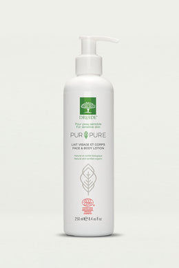 Druide Pur and Pure Organic face and Body Lotion dispenser of 250 ml, 8.4 US fl. oz. shown against a clear background.
