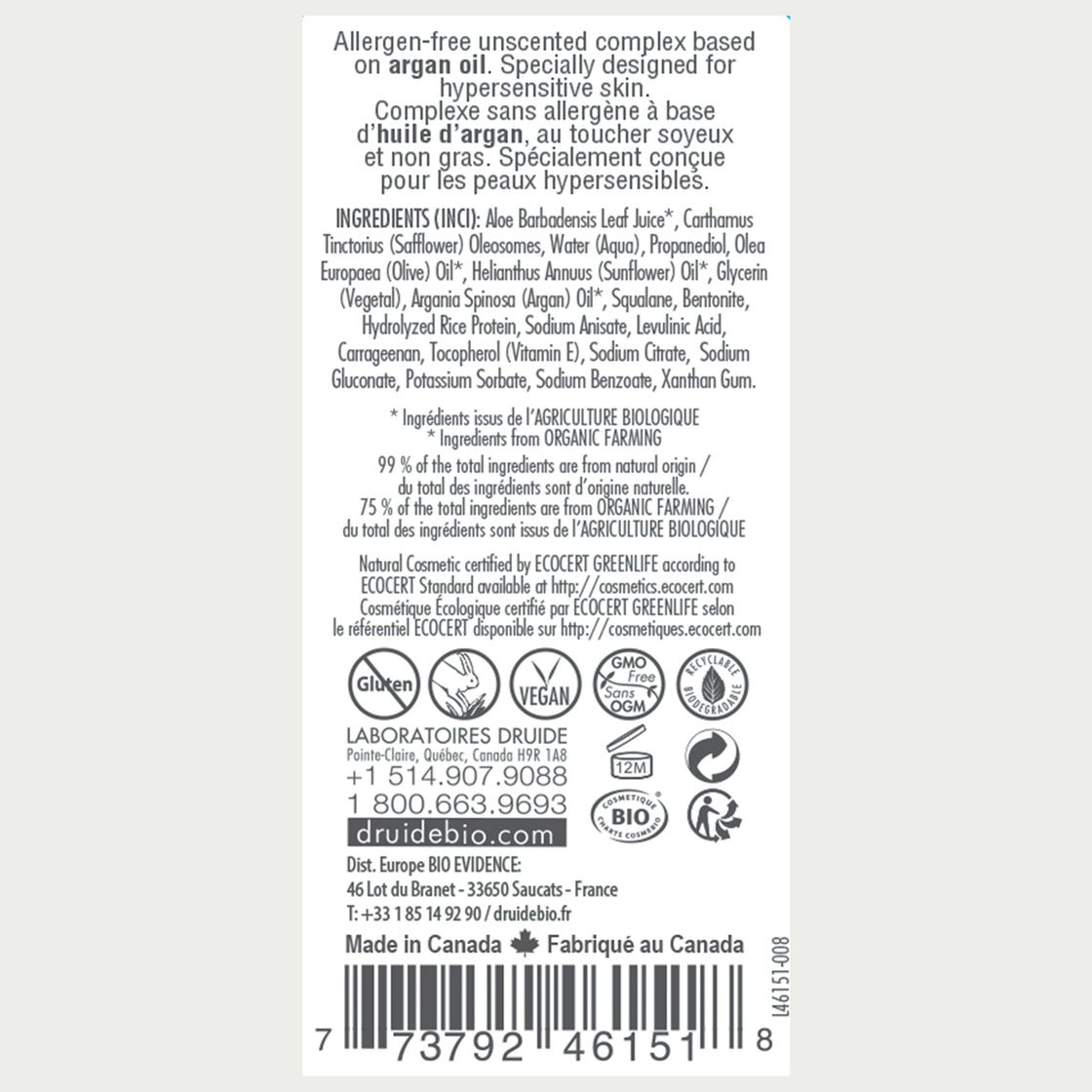 Druide Pur and Pure organic hand cream dispenser label with all ingredients, confirming 99% natural origin and 75% organic origin, and icons indicating the product is gluten-free, cruelty-free, vegan, GMO-free, recyclable, 12 month life after opening, certified as BIO, and made in canada.