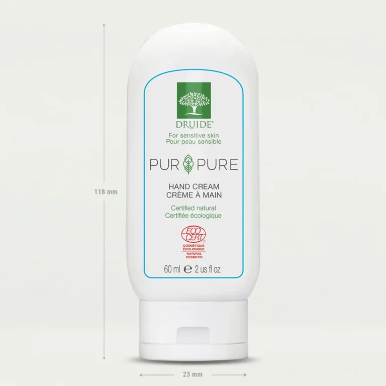 Druide Pur and Pure Hand Cream dispenser with visible ecocert cosmos natural certification icon and dispenser dimensions of 118 mm height and 23 mm width.