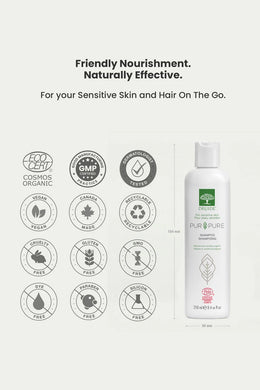 Druide pur and pure sensitive skin shampoo showing its dimensions of 184 mm height and 50 mm width, placed next to certification icons of ecocert certified cosmos organic, dermatologist tested, Canada made, paraben free, sulfates free, gmo free, dye free, no animal testing, and vegan, appearing with text reading 