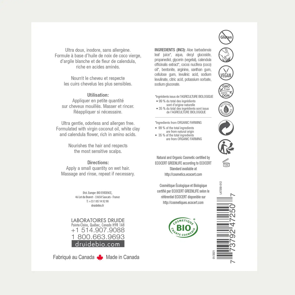 Druide Pur and Pure sensitive skin shampoo packaging label with product benefits, ingredients, certifications, and canadian origin.