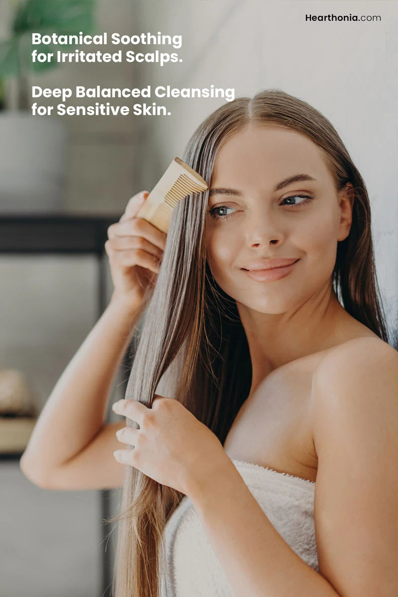 Happy woman combing her healthy hair with text reading "botanical soothing for irritated scalps".