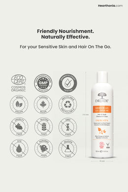 Druide organic hair and body wash showing its dimensions of 210 mm height and 55 mm width, placed next to certification icons of ecocert certified cosmos organic, dermatologist tested, montreal, Canada made, paraben free, sulfates free, gmo free, dye free, no animal testing, and vegan.