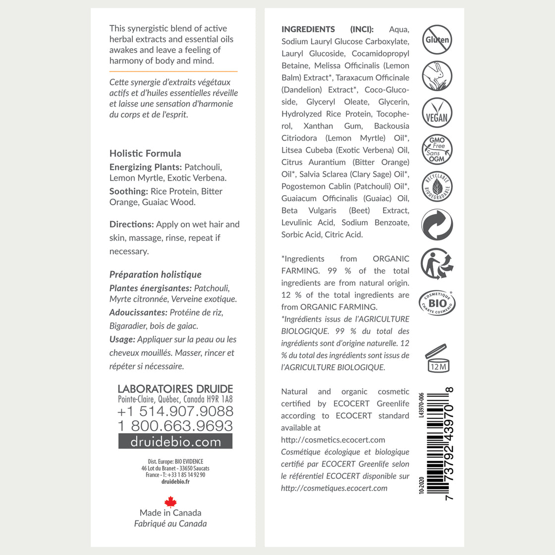 Druide Organic Hair and Body wash, packaging label with product ingredients, certifications, usage directions and canadian origin.