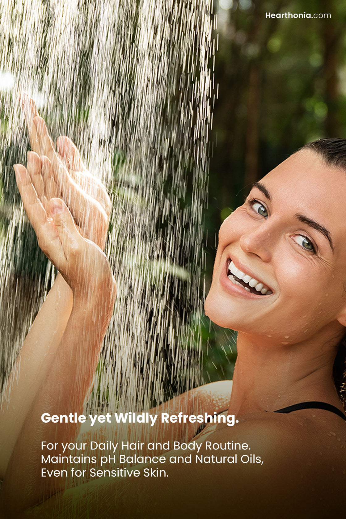 Smiling woman in an outdoor shower with text reading "gentle yet wildly refreshing".