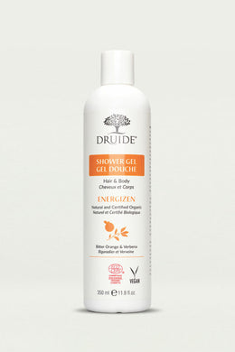 Druide Organic Hair and Body wash, (350 ml, 11.8 fl. oz.) Natural and Ecocert certified bitter orange and verbena bath and body wash bottle shown on a clear background.