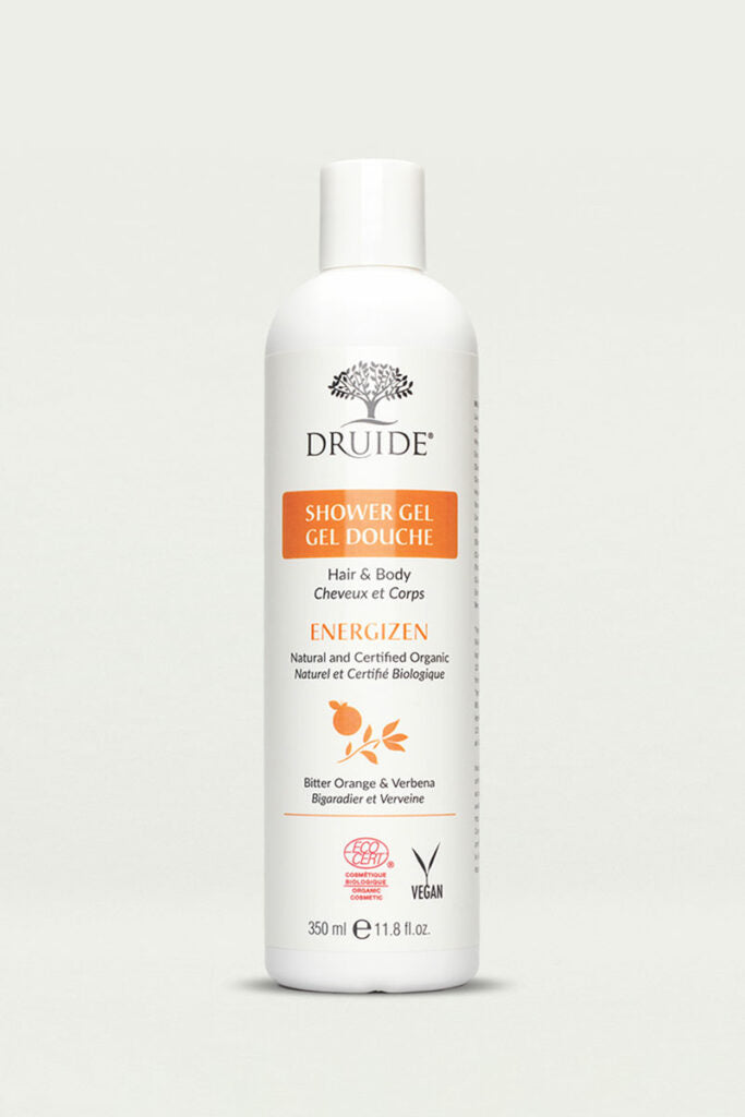 Druide Organic Hair and Body wash, (350 ml, 11.8 fl. oz.) Natural and Ecocert certified bitter orange and verbena bath and body wash bottle shown on a clear background.