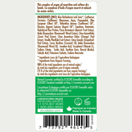 Druide organic hand cream dispenser label with all ingredients, confirming 98% natural origin and 75% organic origin, and icons indicating the product is gluten-free, cruelty-free, vegan, GMO-free, recyclable, 12 month life after opening, certified as BIO, and made in canada.
