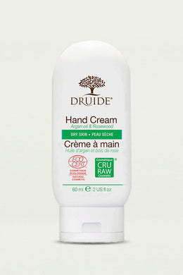 Druide organic Hand Cream for Dry Skin compact 60 ml dispenser with Ecocert natural cosmetic logo icon shown against a clear background.